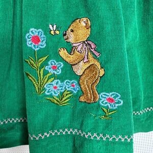 Vintage Homemade Green Corduroy Little Bear Inspired Embroidered Jumper Dress